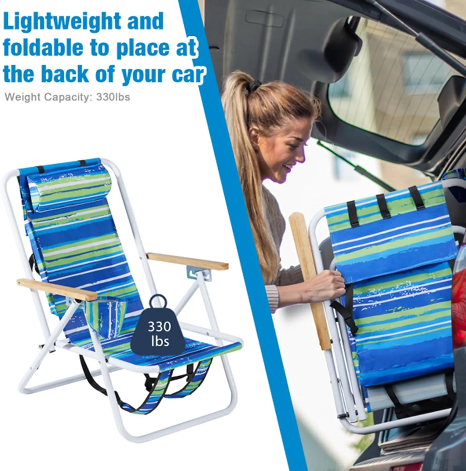 Beach Chairs for Adults 2 Pack,Portable Folding Backpack Beach Chair with Headrest Cup Holder and Wooden Armrests,Cup Holder for Outdoor/Lawn/Picnic,Foldable Camping Chair (Blue Stripes-2Set)
