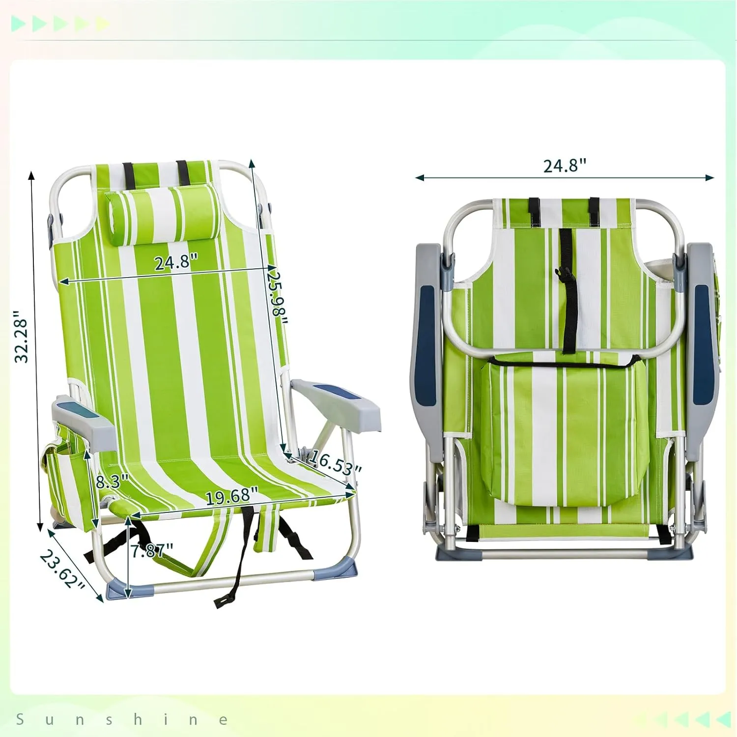 Beach Chairs for Adults, Compact Portable Lay Flat Folding Beach Chair with Backpack Straps and Large Cooler Pouch, Support to 220LBS (Green Stripes)