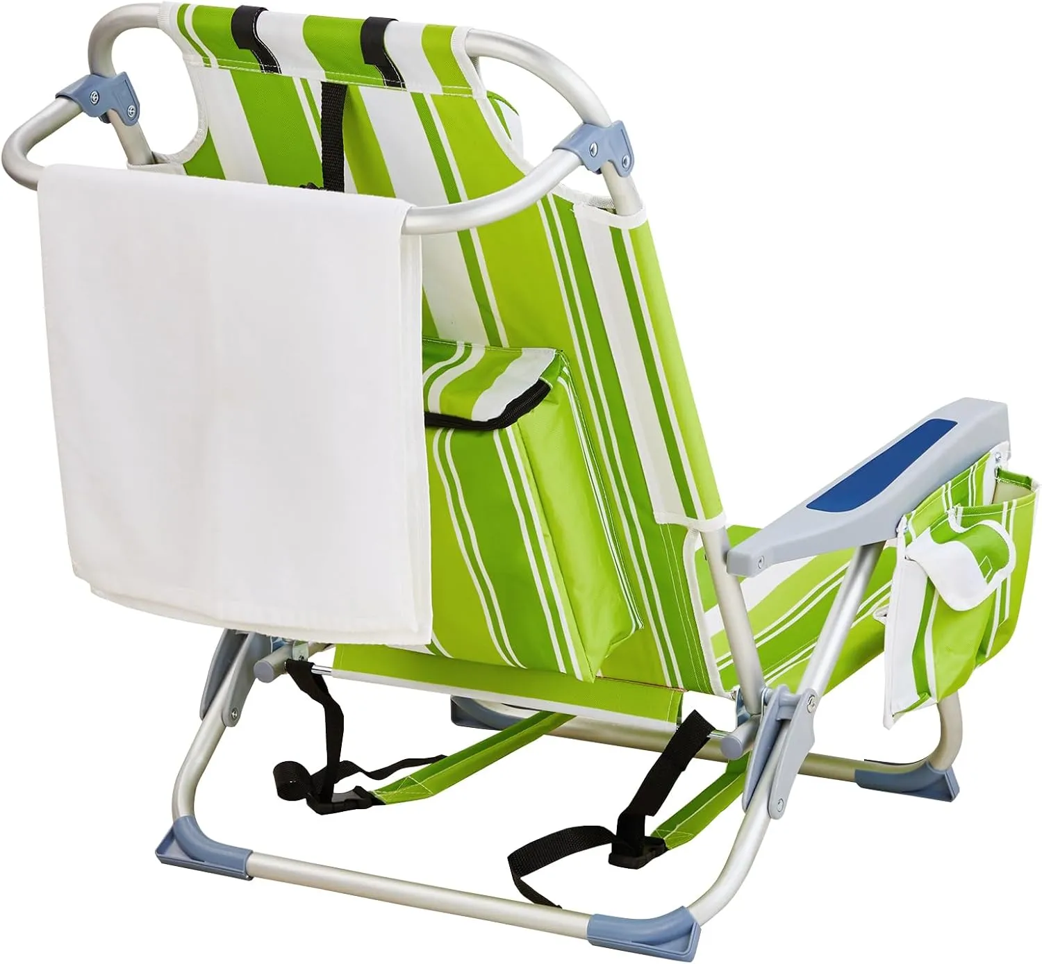 Beach Chairs for Adults, Compact Portable Lay Flat Folding Beach Chair with Backpack Straps and Large Cooler Pouch, Support to 220LBS (Green Stripes)