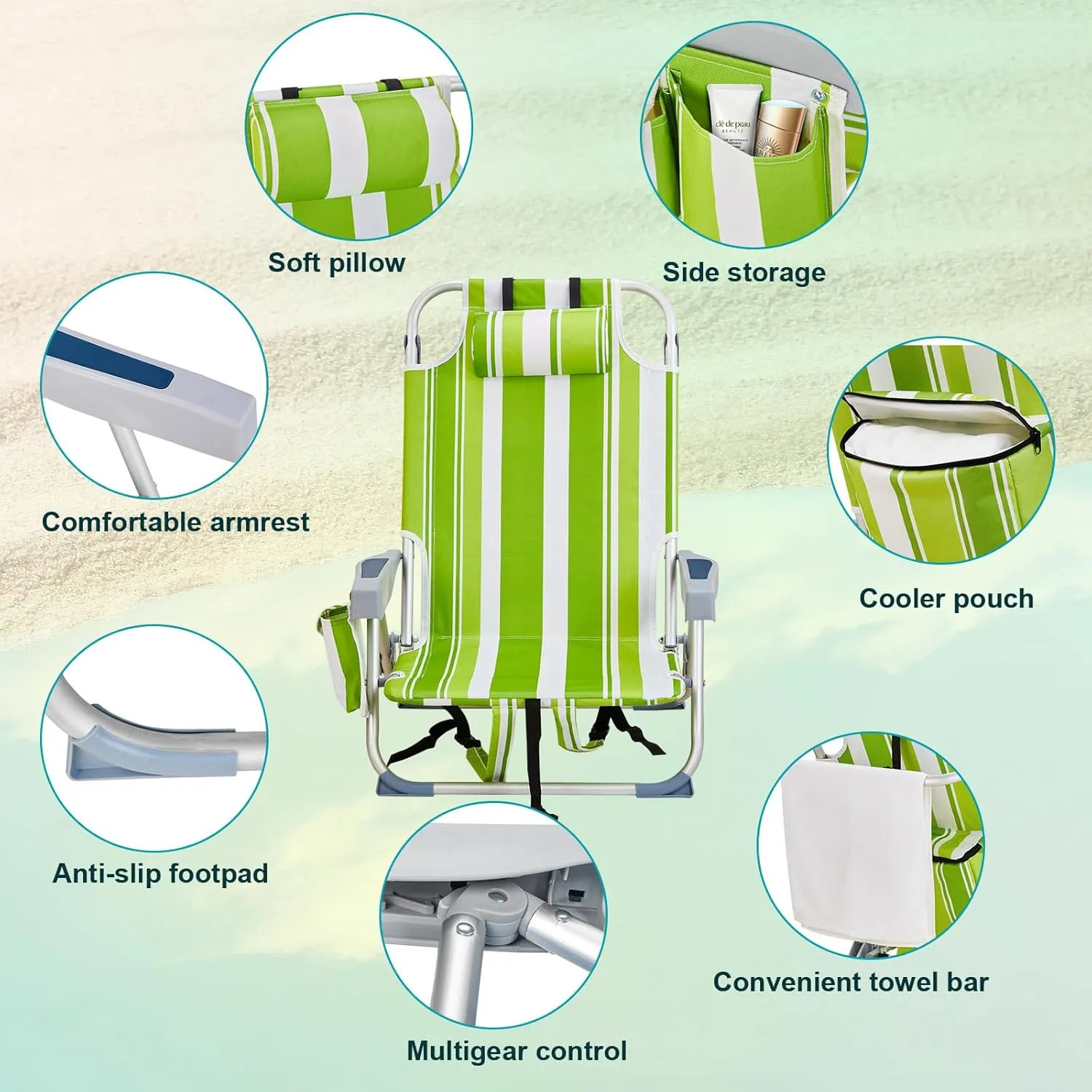 Beach Chairs for Adults, Compact Portable Lay Flat Folding Beach Chair with Backpack Straps and Large Cooler Pouch, Support to 220LBS (Green Stripes)