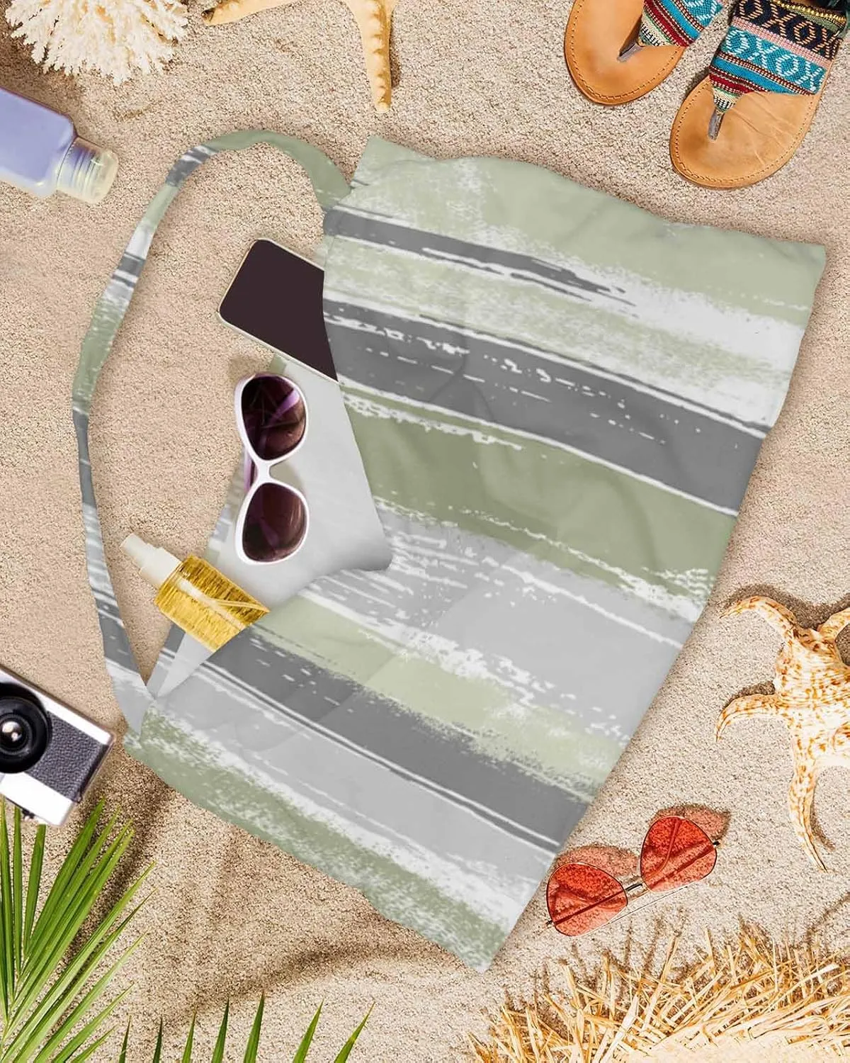 Beach Pool Patio Lounge Chaise Chair Cover Towel with Pockets,Abstract Sage Green Absorbent & Quick Dry Microfiber Towel Cover Bag Summer Travel Accessories Modern Geometric Grey White Stripe