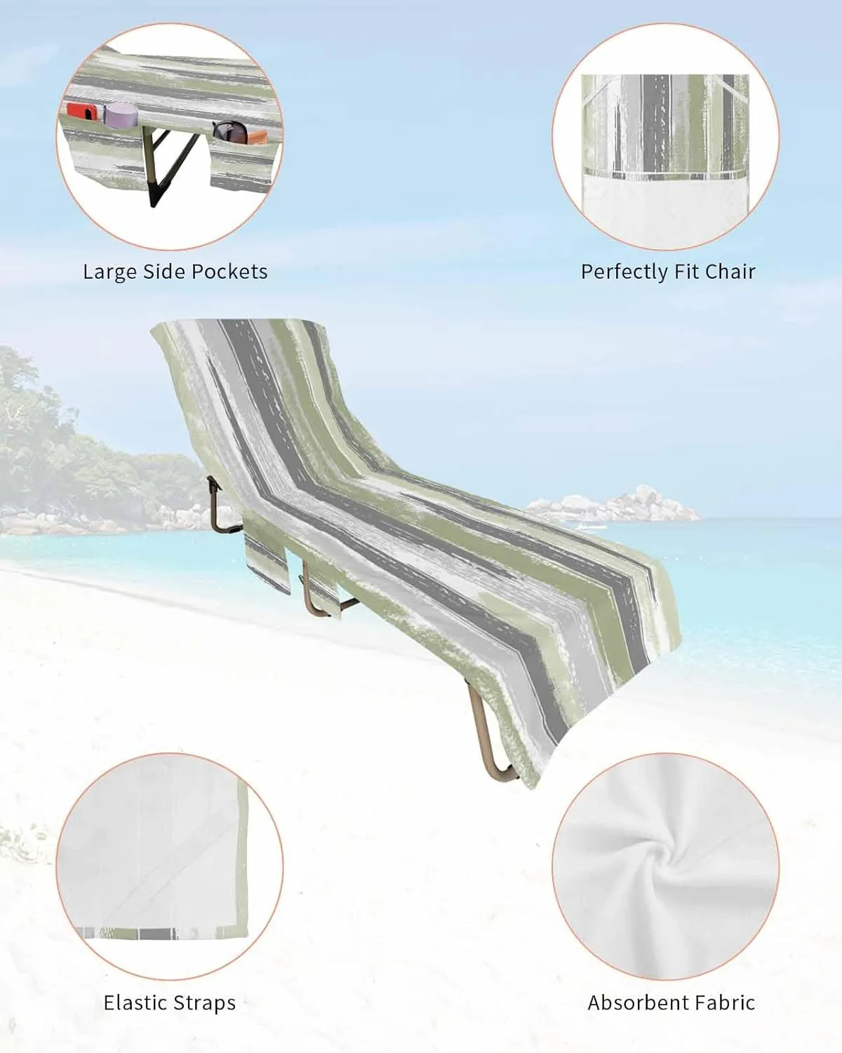 Beach Pool Patio Lounge Chaise Chair Cover Towel with Pockets,Abstract Sage Green Absorbent & Quick Dry Microfiber Towel Cover Bag Summer Travel Accessories Modern Geometric Grey White Stripe