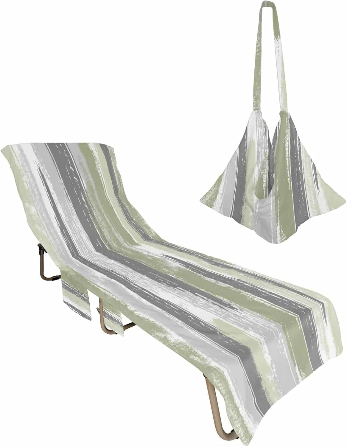 Beach Pool Patio Lounge Chaise Chair Cover Towel with Pockets,Abstract Sage Green Absorbent & Quick Dry Microfiber Towel Cover Bag Summer Travel Accessories Modern Geometric Grey White Stripe