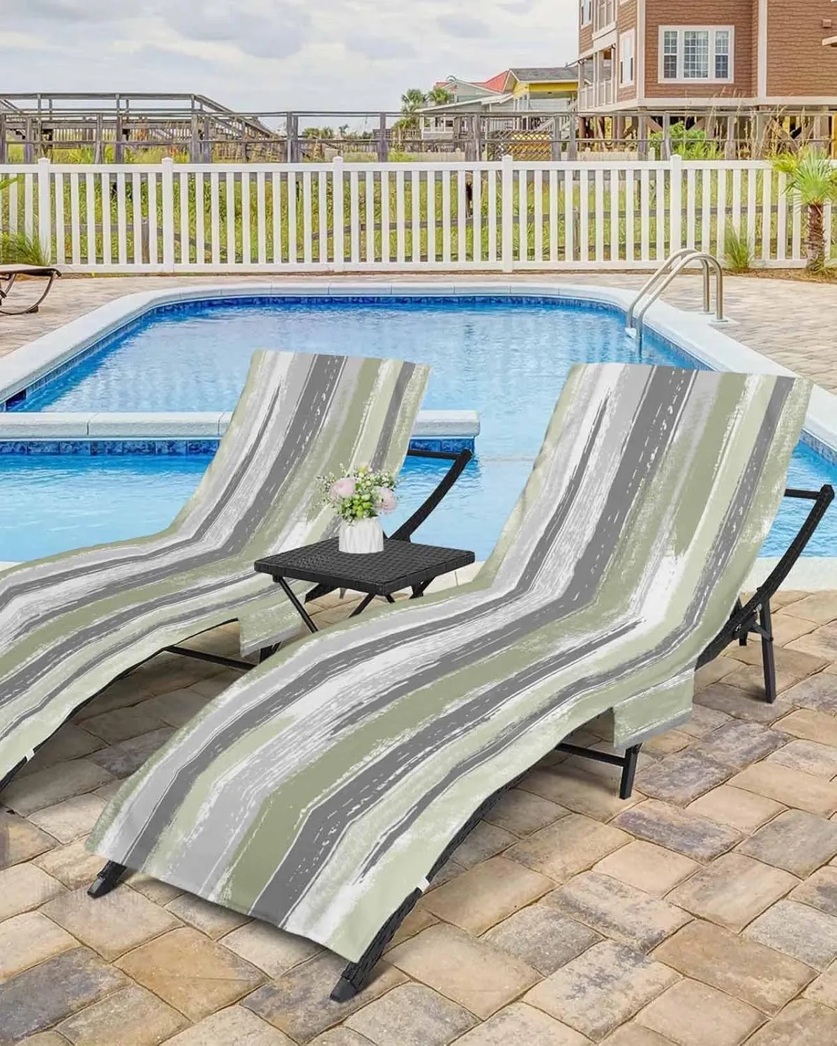 Beach Pool Patio Lounge Chaise Chair Cover Towel with Pockets,Abstract Sage Green Absorbent & Quick Dry Microfiber Towel Cover Bag Summer Travel Accessories Modern Geometric Grey White Stripe