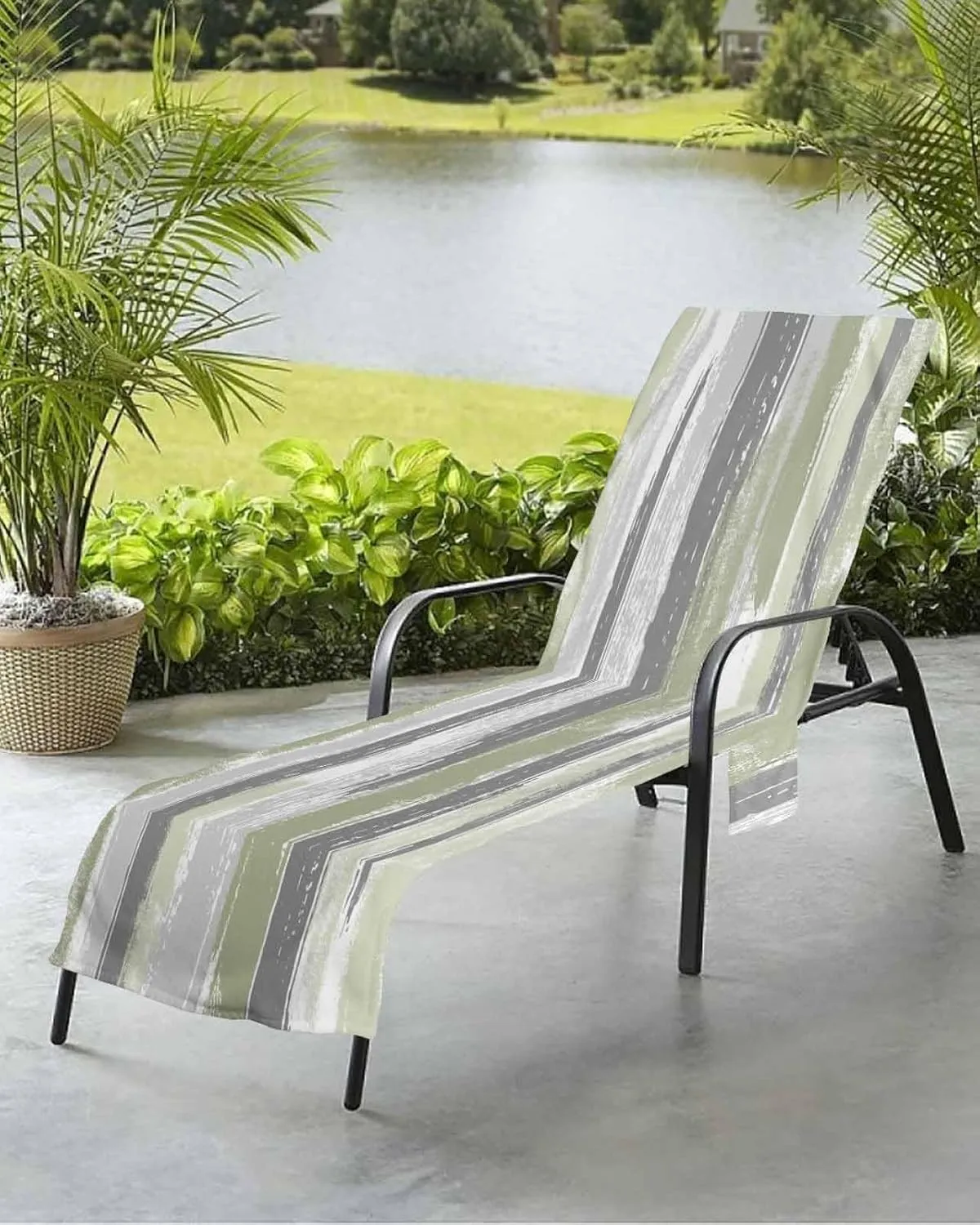 Beach Pool Patio Lounge Chaise Chair Cover Towel with Pockets,Abstract Sage Green Absorbent & Quick Dry Microfiber Towel Cover Bag Summer Travel Accessories Modern Geometric Grey White Stripe