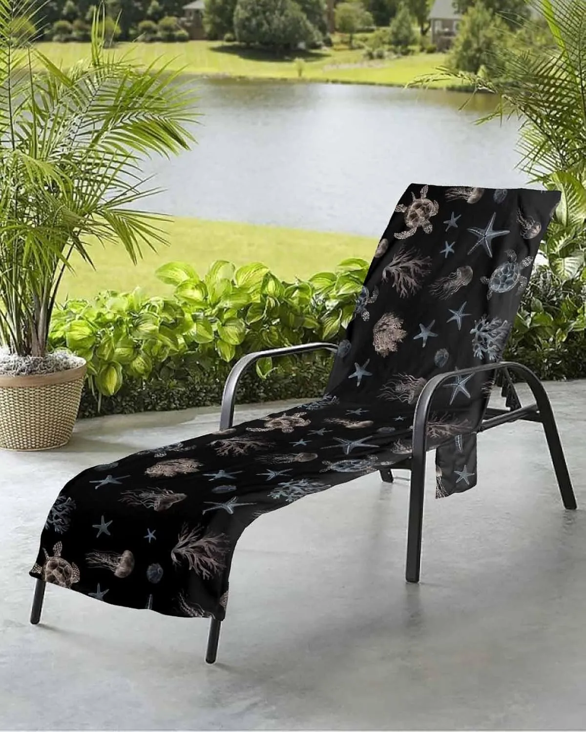 Beach Pool Patio Lounge Chaise Chair Cover Towel with Pockets,Coastal Black Absorbent & Quick Dry Microfiber Towel Cover Bag Summer Travel Accessories Blue Sea Turtle Starfish Coral Ocean Jellyfish