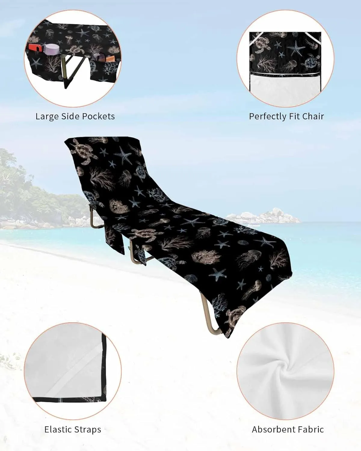 Beach Pool Patio Lounge Chaise Chair Cover Towel with Pockets,Coastal Black Absorbent & Quick Dry Microfiber Towel Cover Bag Summer Travel Accessories Blue Sea Turtle Starfish Coral Ocean Jellyfish