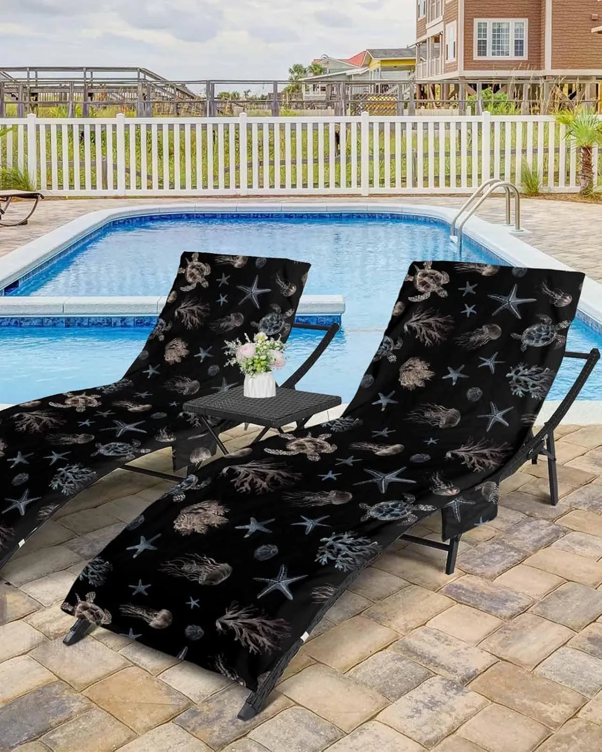 Beach Pool Patio Lounge Chaise Chair Cover Towel with Pockets,Coastal Black Absorbent & Quick Dry Microfiber Towel Cover Bag Summer Travel Accessories Blue Sea Turtle Starfish Coral Ocean Jellyfish