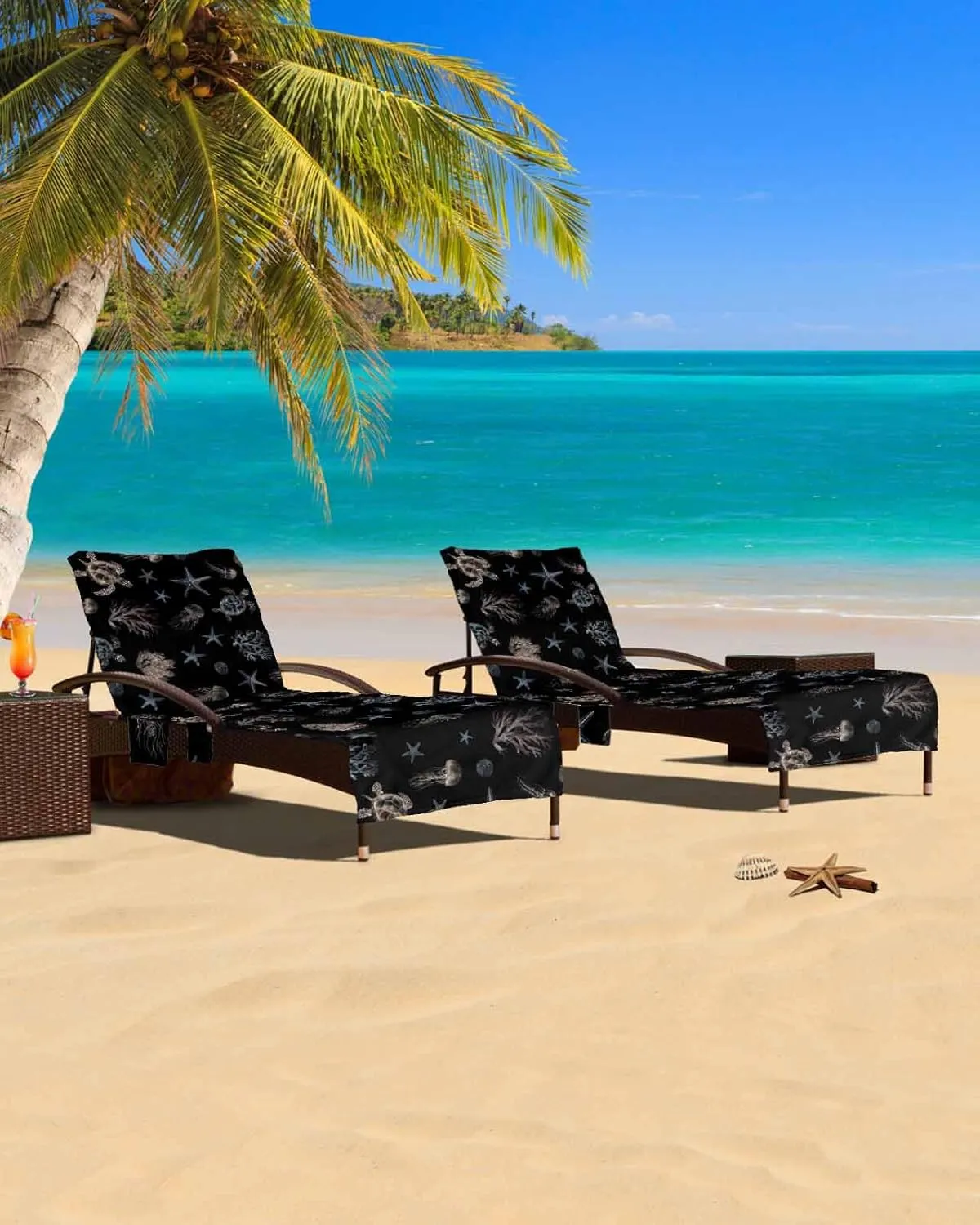 Beach Pool Patio Lounge Chaise Chair Cover Towel with Pockets,Coastal Black Absorbent & Quick Dry Microfiber Towel Cover Bag Summer Travel Accessories Blue Sea Turtle Starfish Coral Ocean Jellyfish