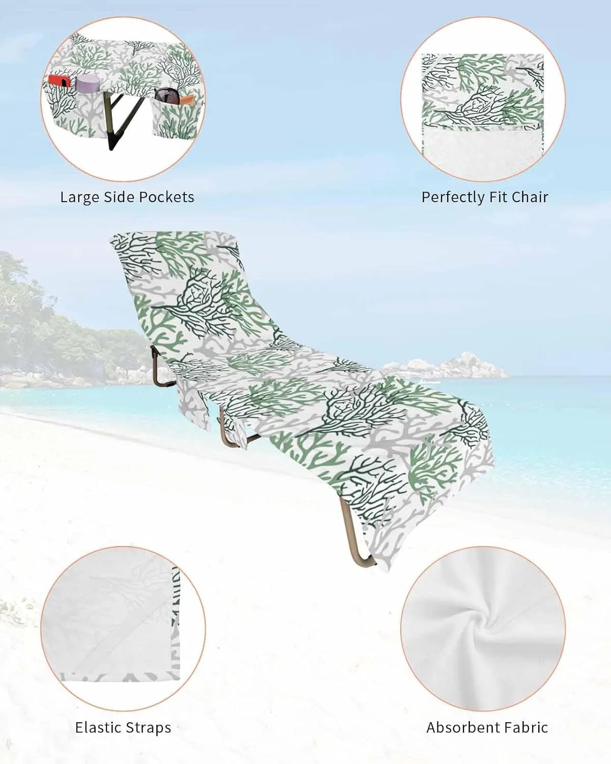 Beach Pool Patio Lounge Chaise Chair Cover Towel with Pockets,Solid Green Coral Absorbent & Quick Dry Microfiber Towel Cover Bag Summer Travel Accessories Abstract Contemporary Grey Geometric