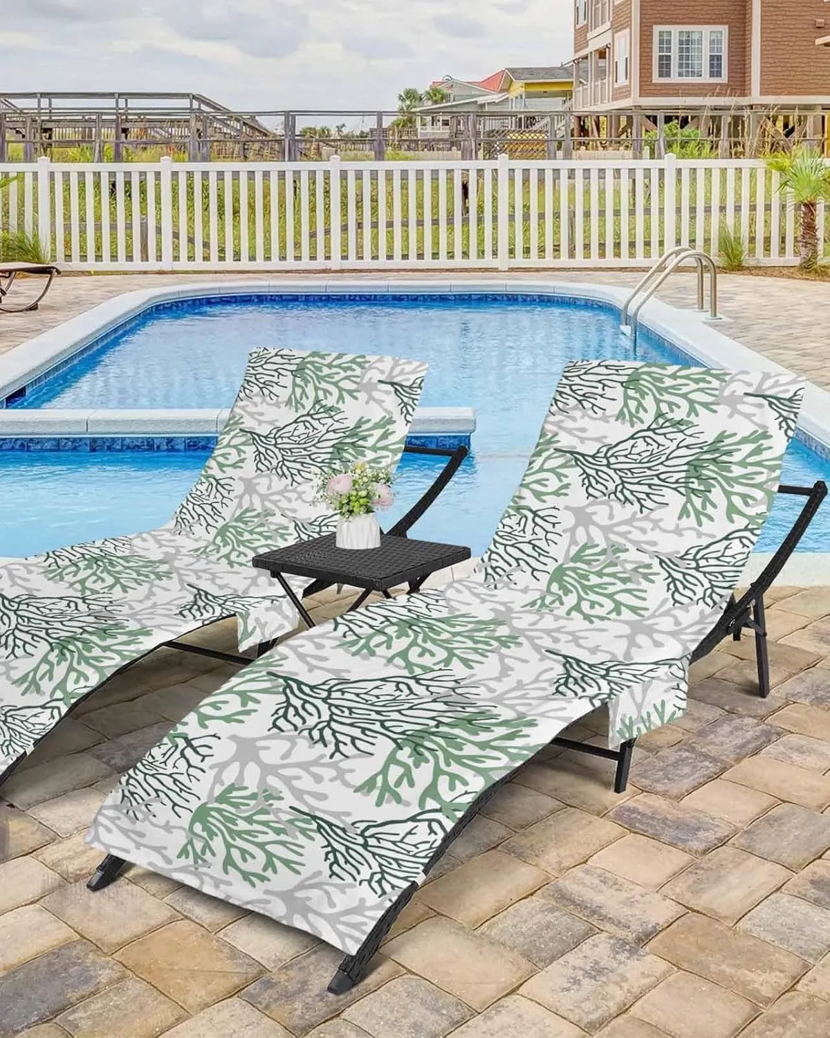 Beach Pool Patio Lounge Chaise Chair Cover Towel with Pockets,Solid Green Coral Absorbent & Quick Dry Microfiber Towel Cover Bag Summer Travel Accessories Abstract Contemporary Grey Geometric