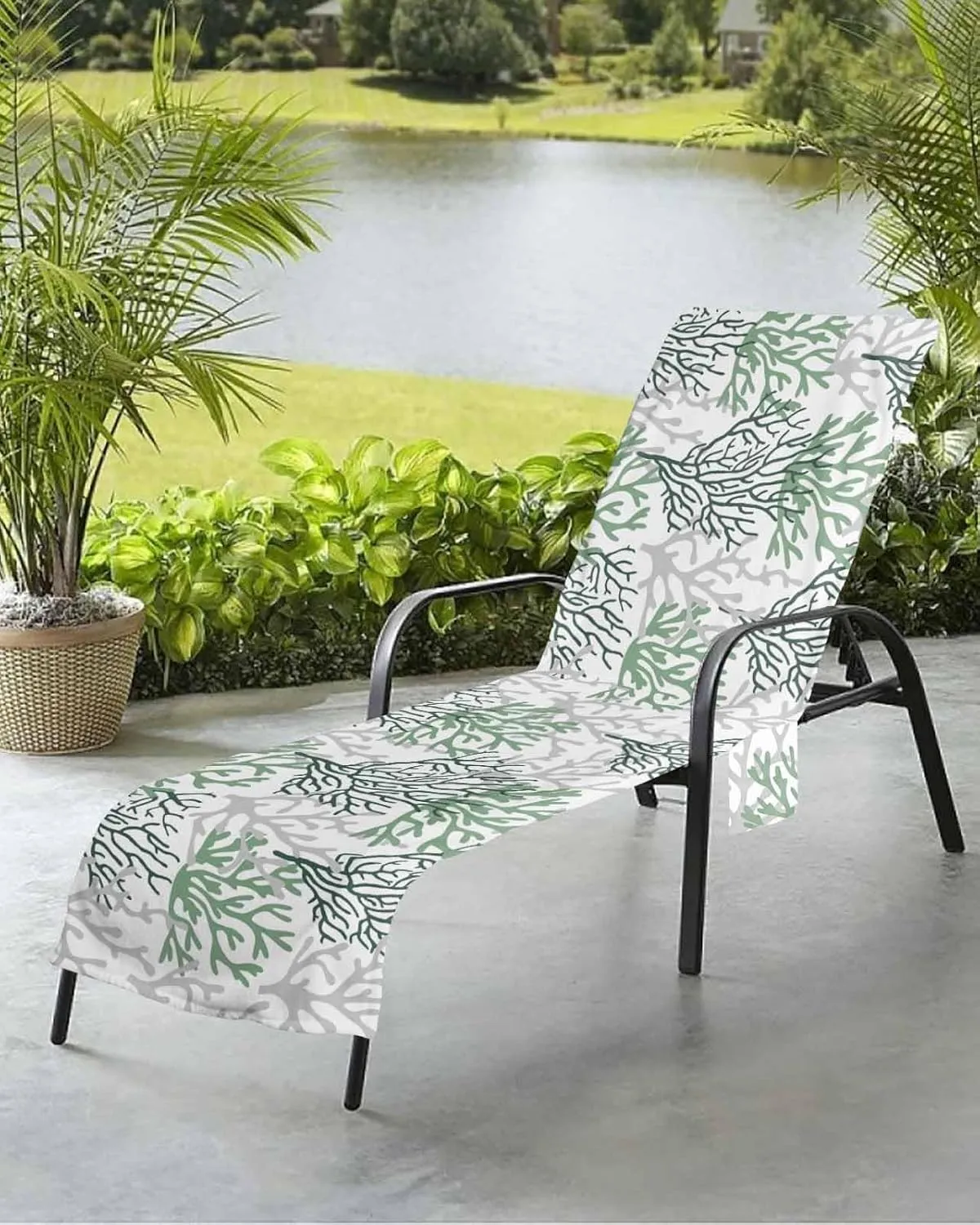 Beach Pool Patio Lounge Chaise Chair Cover Towel with Pockets,Solid Green Coral Absorbent & Quick Dry Microfiber Towel Cover Bag Summer Travel Accessories Abstract Contemporary Grey Geometric
