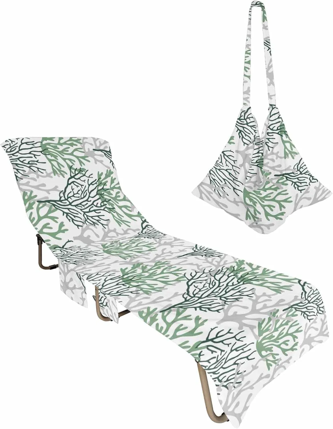 Beach Pool Patio Lounge Chaise Chair Cover Towel with Pockets,Solid Green Coral Absorbent & Quick Dry Microfiber Towel Cover Bag Summer Travel Accessories Abstract Contemporary Grey Geometric