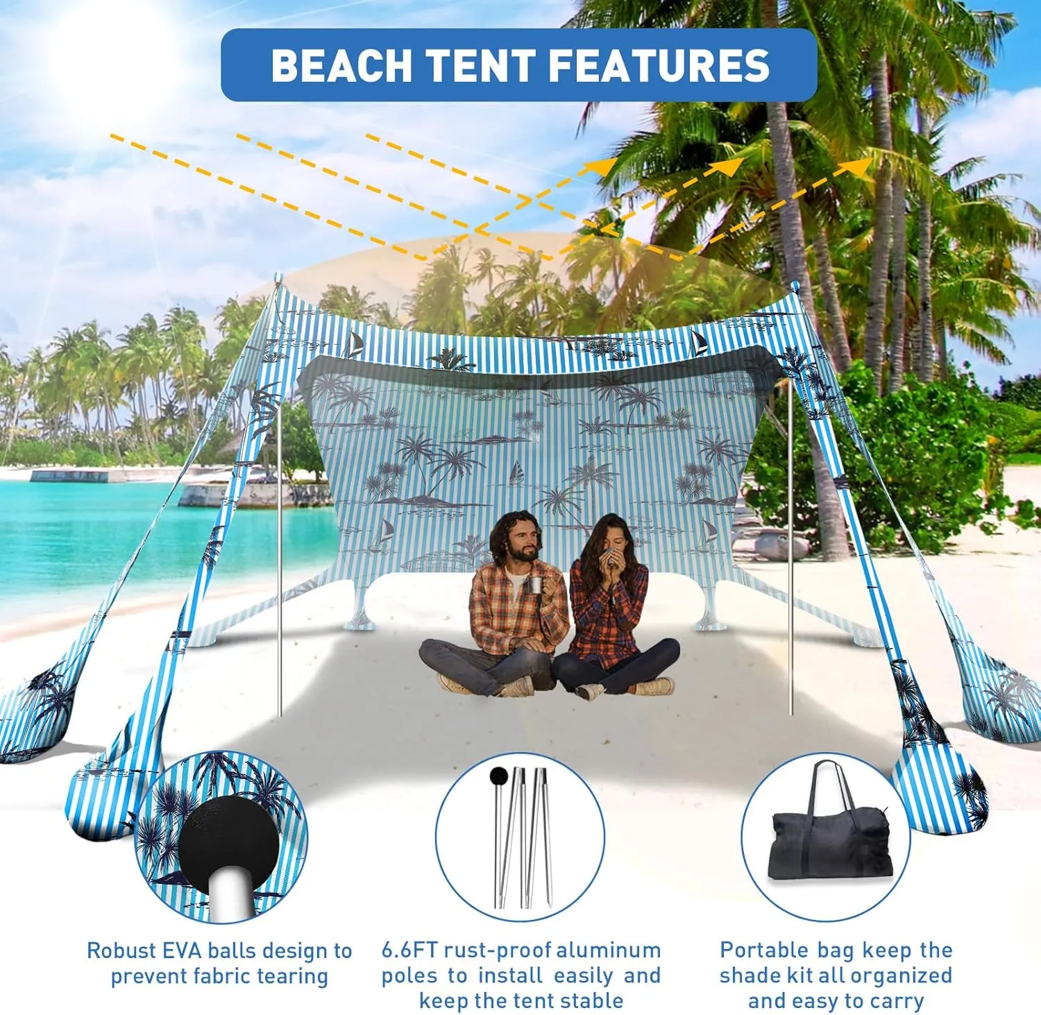 Beach Tent Canopy Pop Up Shade 10x10ft Sun Shelter Portable Family UPF50  with 8 Sandbags-2 Sand Shovel-4 Aluminum Poles-Ground Pegs-Carrying Bag for Outdoor Camping Fishing Backyard Picnic