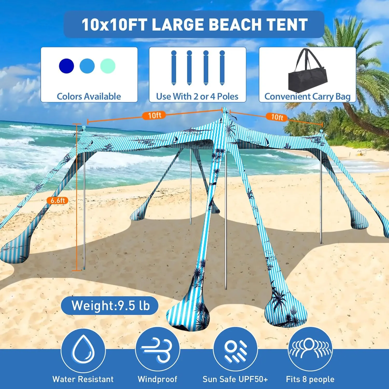 Beach Tent Canopy Pop Up Shade 10x10ft Sun Shelter Portable Family UPF50  with 8 Sandbags-2 Sand Shovel-4 Aluminum Poles-Ground Pegs-Carrying Bag for Outdoor Camping Fishing Backyard Picnic