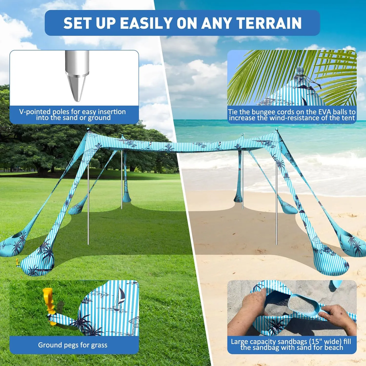 Beach Tent Canopy Pop Up Shade 10x10ft Sun Shelter Portable Family UPF50  with 8 Sandbags-2 Sand Shovel-4 Aluminum Poles-Ground Pegs-Carrying Bag for Outdoor Camping Fishing Backyard Picnic