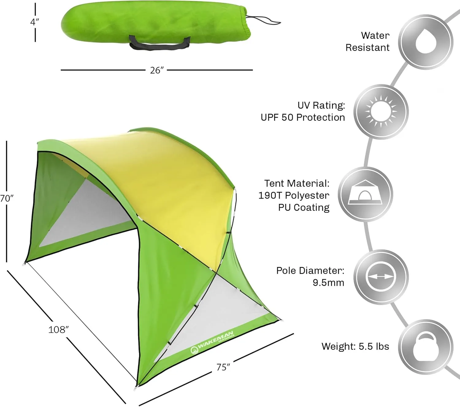 Beach Tent - Sun Shelter for Shade with UV Protection and Water-Resistant Coating for Sports Events and More with Carry Bag by Wakeman Outdoors (Blue)
