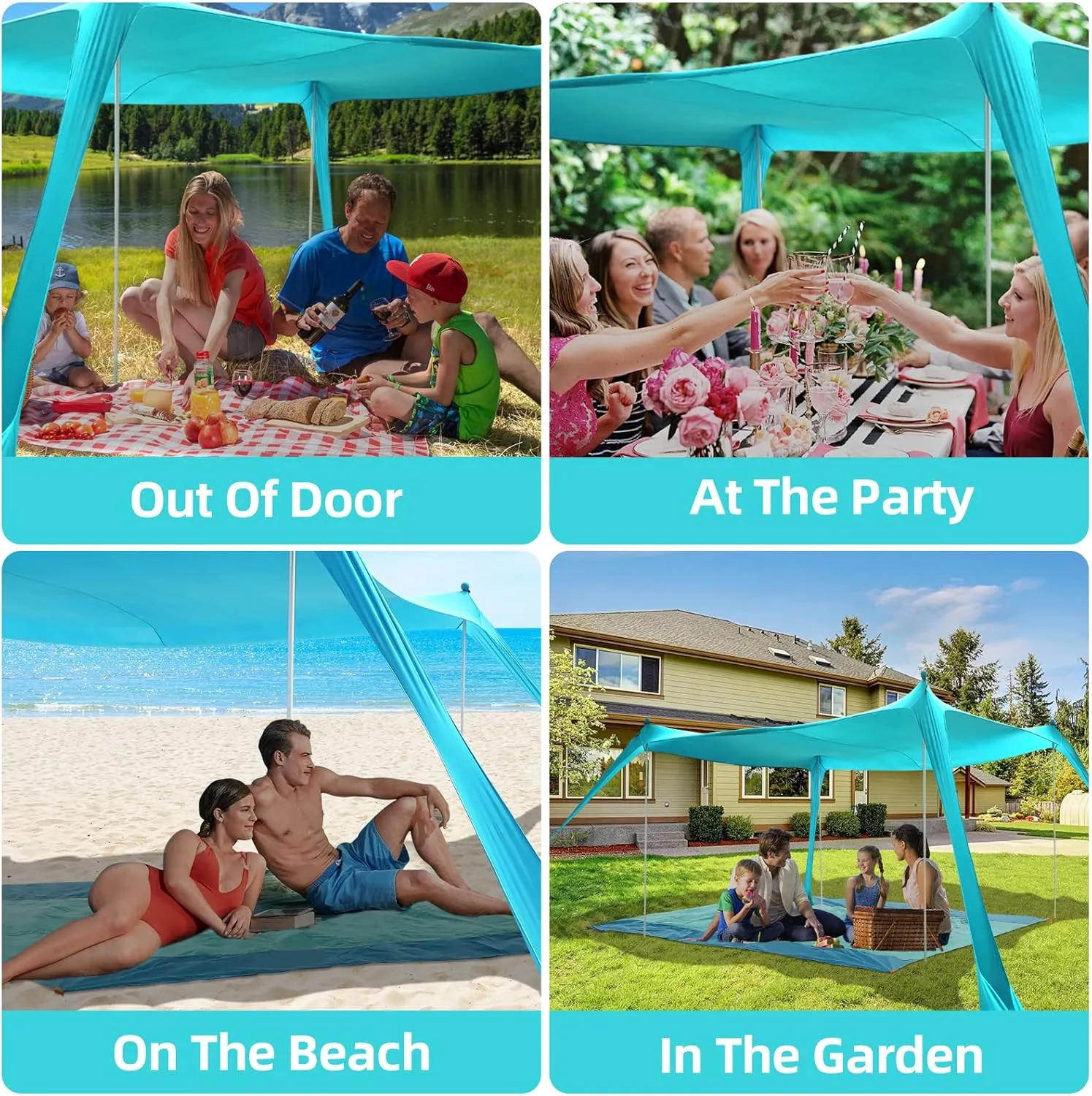 Beach Tent Sun Shelter UPF50 , 10x10 FT Family Beach Shade Canopy with 4 Aluminum Poles, Beach Blanket, Carrying Bag and Sand Shovel, Outdoor Pop Up Tent for Beach Camping Trips