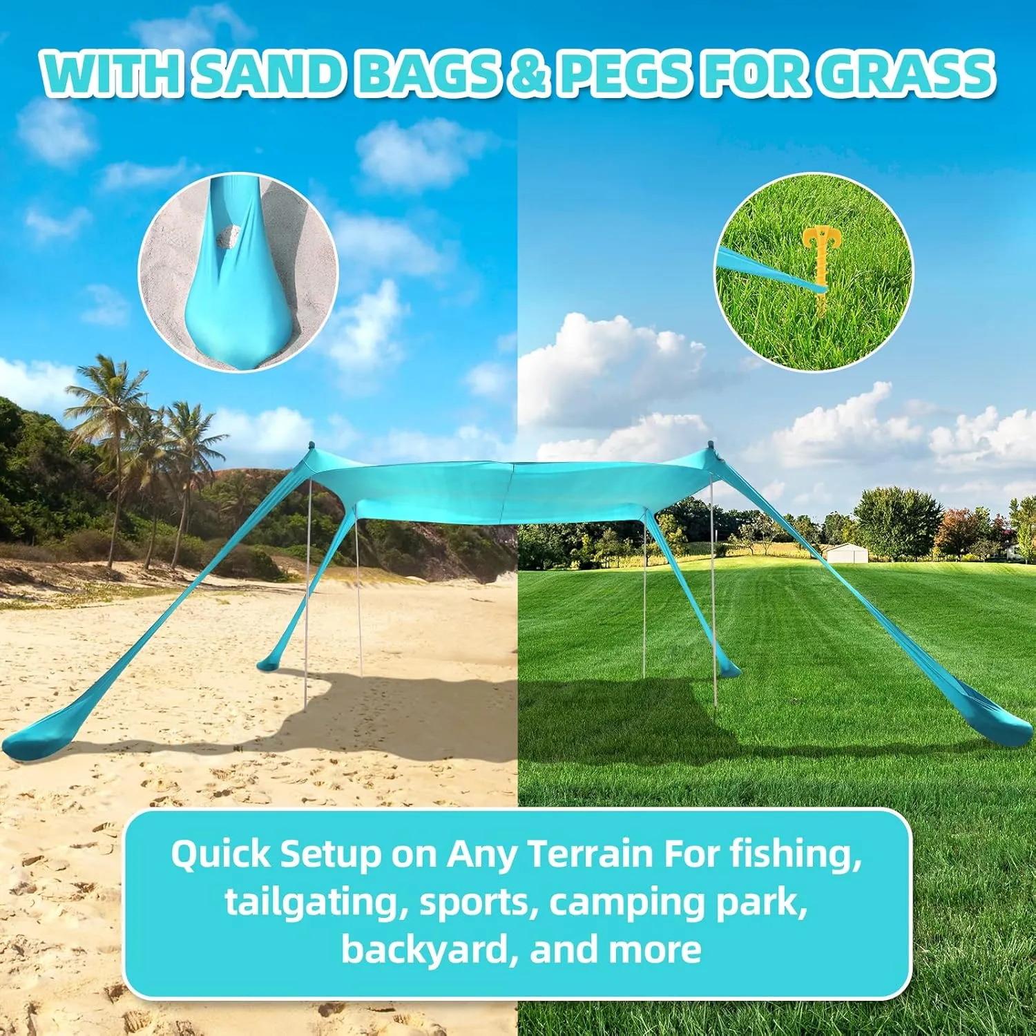 Beach Tent Sun Shelter UPF50 , 10x10 FT Family Beach Shade Canopy with 4 Aluminum Poles, Beach Blanket, Carrying Bag and Sand Shovel, Outdoor Pop Up Tent for Beach Camping Trips