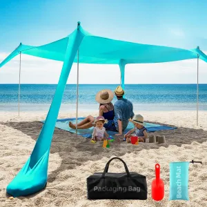 Beach Tent Sun Shelter UPF50 , 10x10 FT Family Beach Shade Canopy with 4 Aluminum Poles, Beach Blanket, Carrying Bag and Sand Shovel, Outdoor Pop Up Tent for Beach Camping Trips