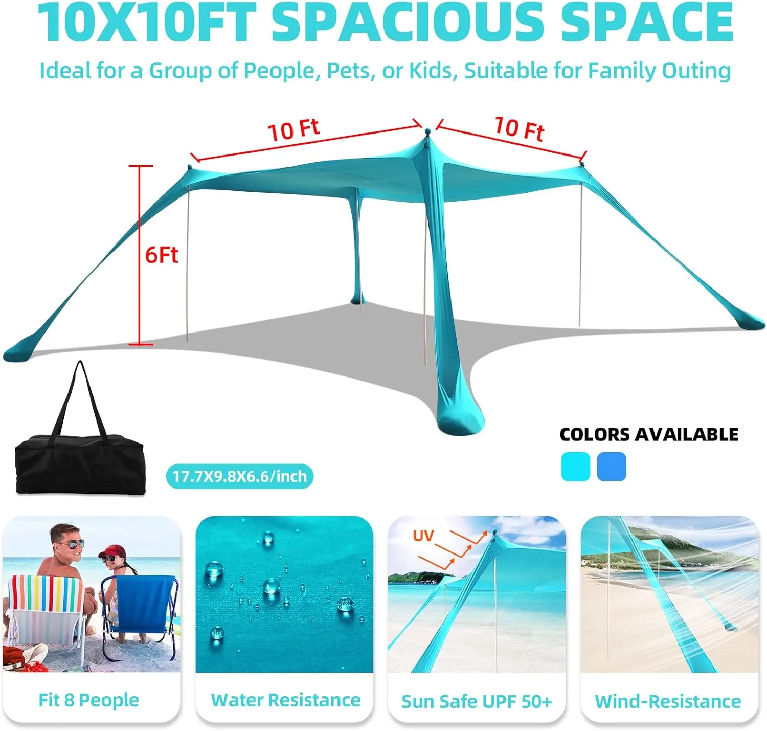 Beach Tent Sun Shelter UPF50 , 10x10 FT Family Beach Shade Canopy with 4 Aluminum Poles, Beach Blanket, Carrying Bag and Sand Shovel, Outdoor Pop Up Tent for Beach Camping Trips