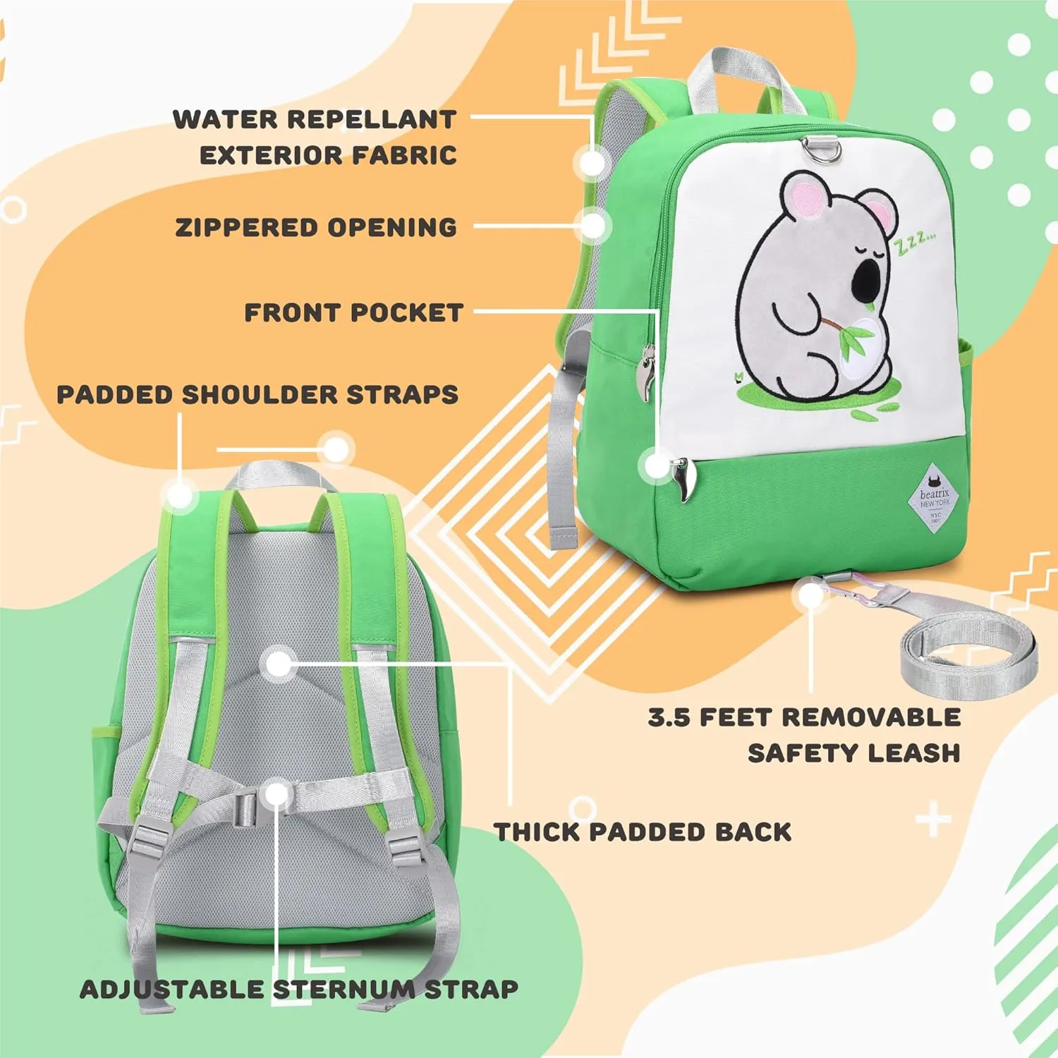 Beatrix New York - Toddler & Kids 11.5" Backpack Bag with Removable Leash for Girls & Boys Unisex (KOALA), Ideal for Preschool & Kindergarten Back to School