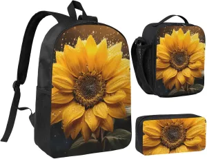 Beautiful sunflower 4 print Backpack 3pcs Set Including 17 Inch Large BookBag With Lunch Bag And Practical Pen Bag