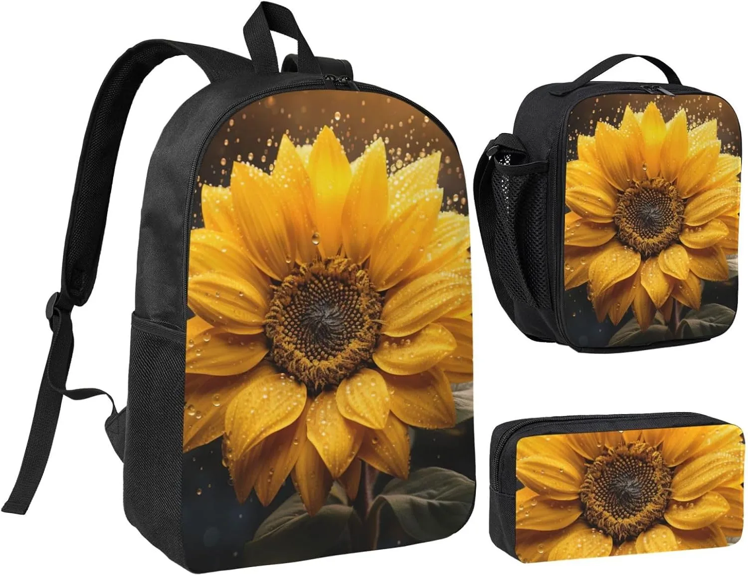 Beautiful sunflower 4 print Backpack 3pcs Set Including 17 Inch Large BookBag With Lunch Bag And Practical Pen Bag