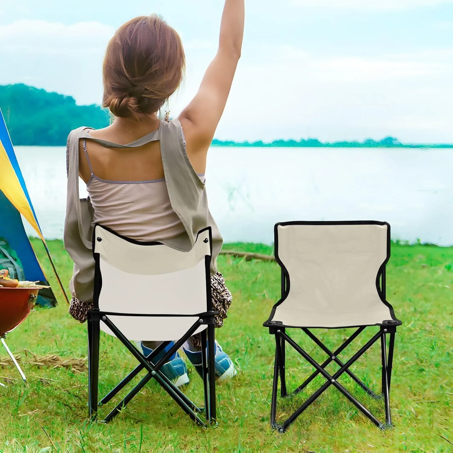 Beige Camping Chair for Adults Folding Chair Foldable Chairs Hunting Chairs for Barbeques