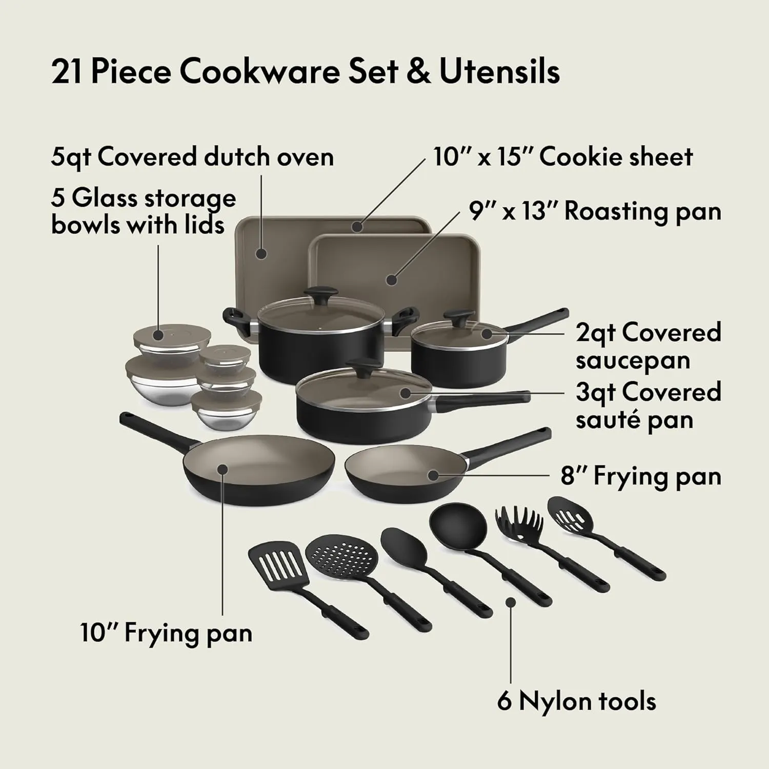 bella 21 Piece Kitchen Set with EverGood™ Ceramic Nonstick Coating​, Dishwasher & Oven Safe, All Stovetops Compatible, Tempered Glass Lids & Cool Touch Handles, Black