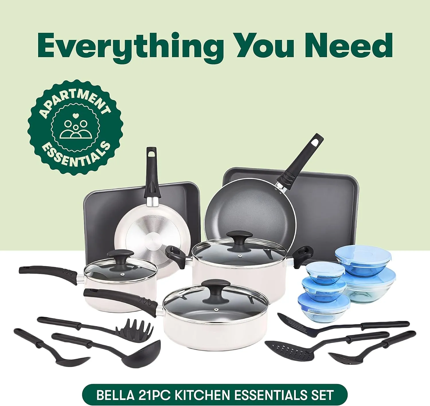 bella Nonstick Cookware Set with Glass Lids - Aluminum Bakeware, Pots and Pans, Storage Bowls & Utensils, Compatible with All Stovetops, 21 Piece, White