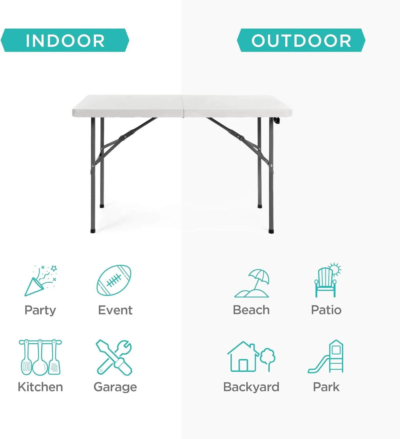Best Choice Products 4ft Plastic Folding Table, Indoor Outdoor Heavy Duty Portable w/Handle, Lock for Picnic, Party, Camping - White
