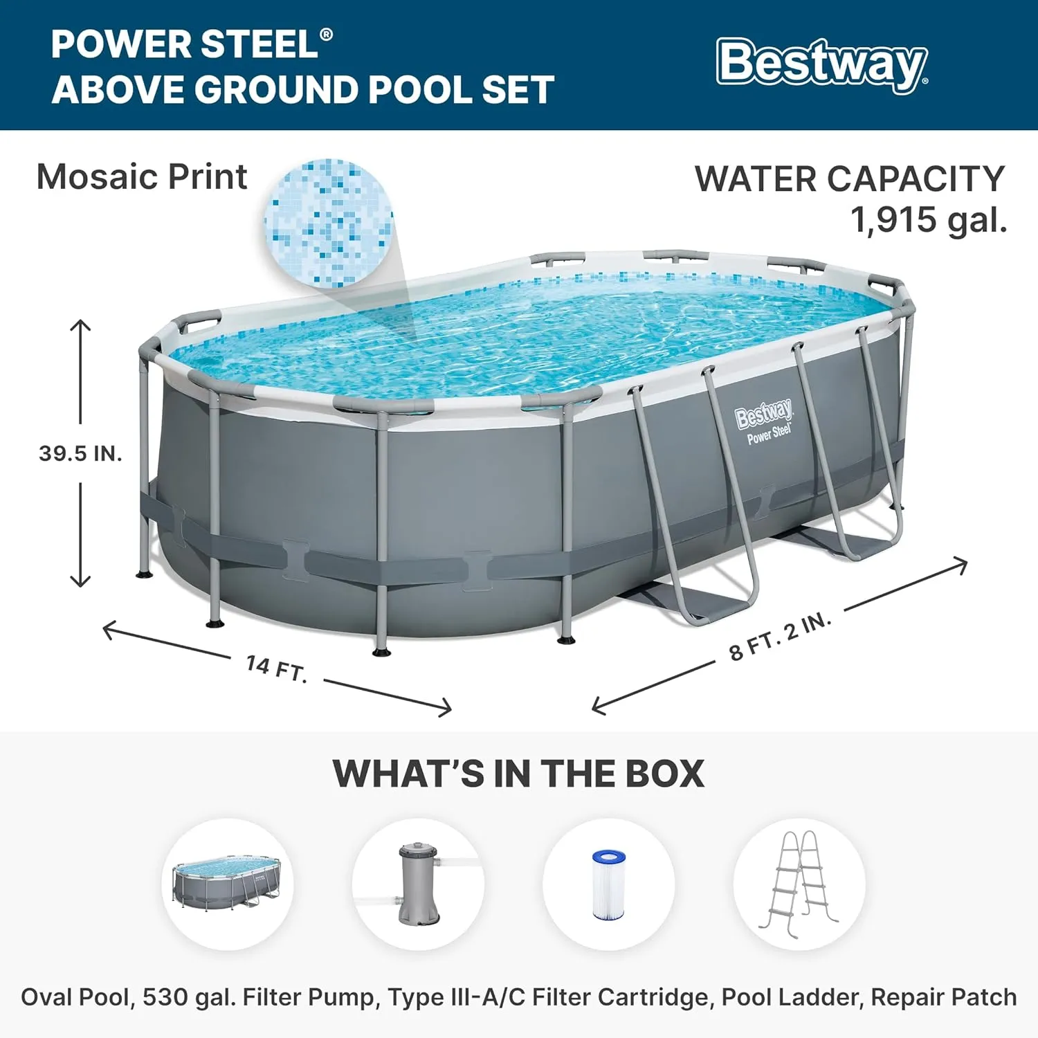 Bestway Power Steel 14' x 8'2" x 39.5" Oval Above Ground Pool Set | Includes 530gal Filter Pump, Ladder, ChemConnect Dispener