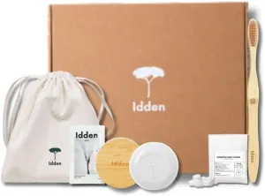 Biodegradable 5-Piece Travel Amenity Kit Set by Idden: Bamboo Toothbrush, Toothpaste Tablets, All-in-one soap bar, Travel case, and Body Lotion. Compact, Vegan, and eco-Friendly