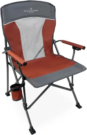 Black Sierra Camping Chair w/Padded Hard Armrest, Folding Lawn Chair w/Mesh Vented Back, Portable Beach Chair w/Cup Holder and Carry Bag, Supports 300 lbs for Sports, Backyard, Tailgating