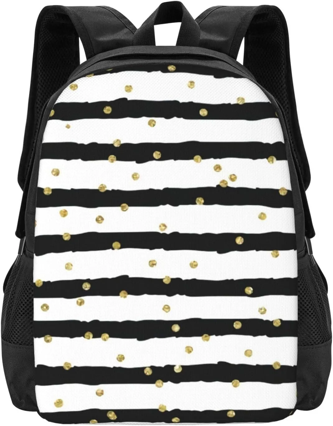 Black White Stripes Gold Confetti Lightweight Packable Backpack Travel Casual Hiking Daypack Foldable Backpack For Men Women