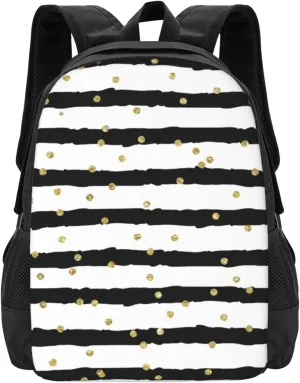 Black White Stripes Gold Confetti Lightweight Packable Backpack Travel Casual Hiking Daypack Foldable Backpack For Men Women