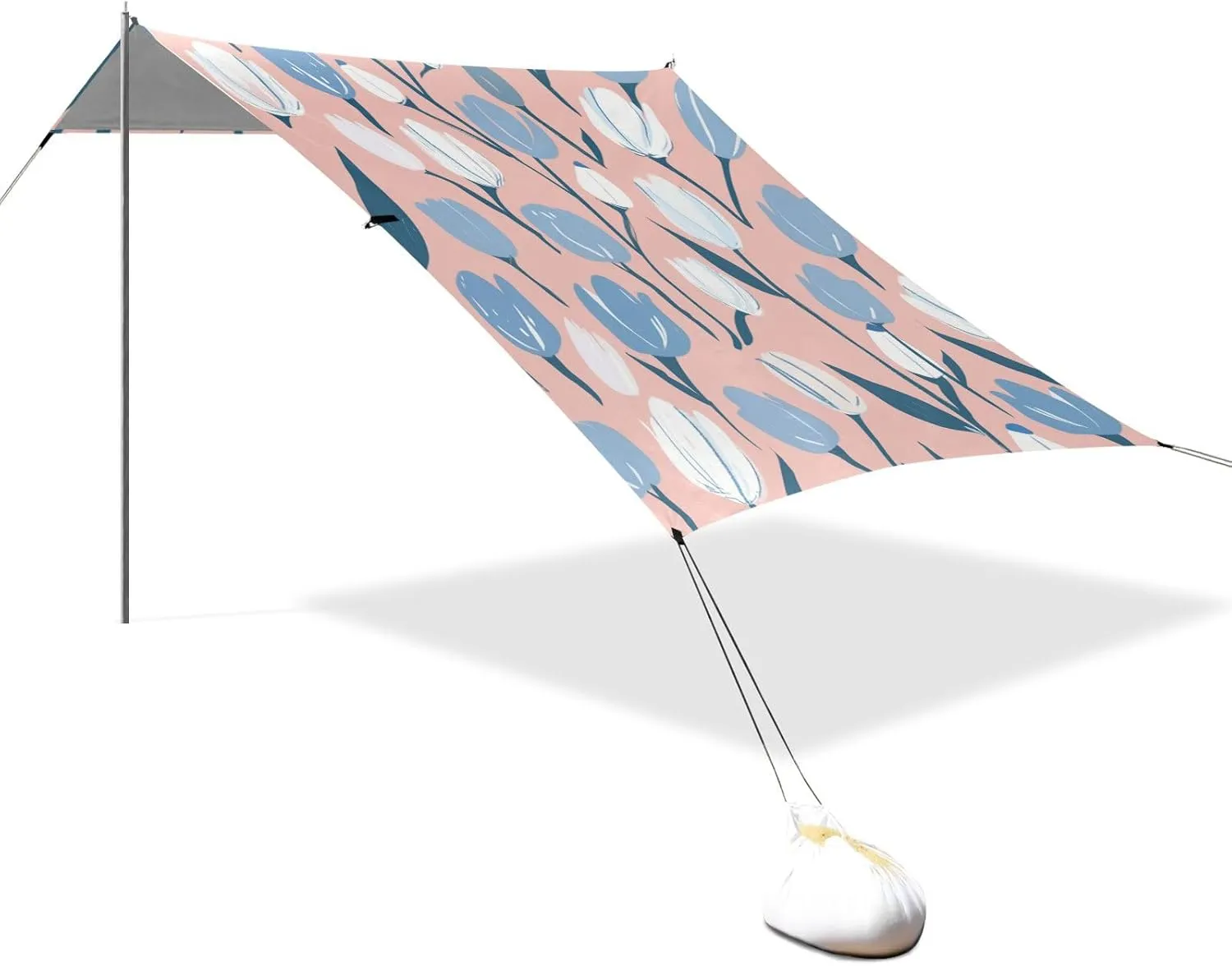 Blue and White Tulips Pastel Designed UPF50  Protection Foldable Beach Cabana Waterproof Large Sun Shade with Sturdy Poles, Sandbags and Shovel for Family Travel casitas de Playa para cubrir