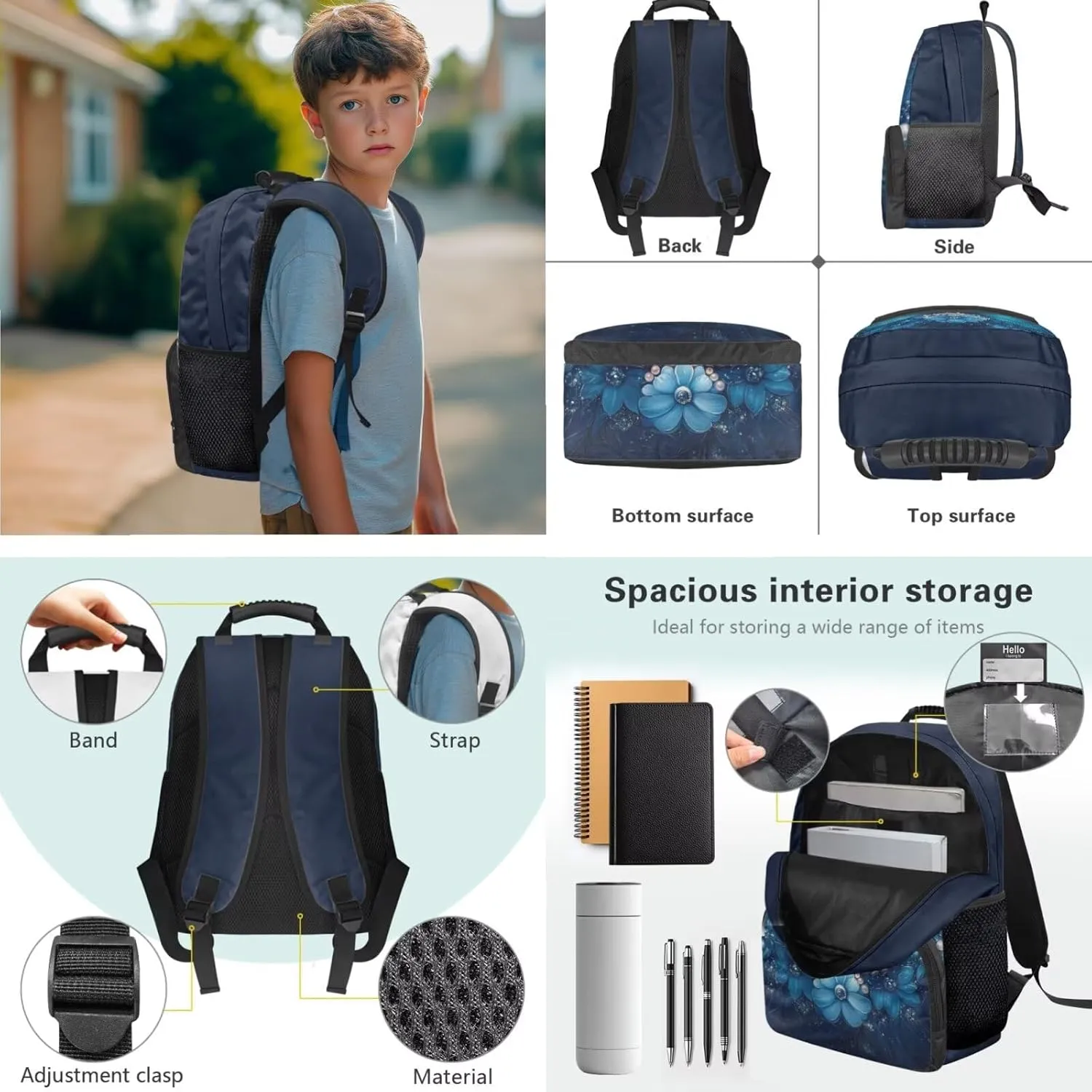 Blue Butterflyt Backpack Lunchbox Set for Girls Lightweight Set Preschool Bag for Ages 6-8 Leak Proof Lunch Box Lightweight 3 Pack