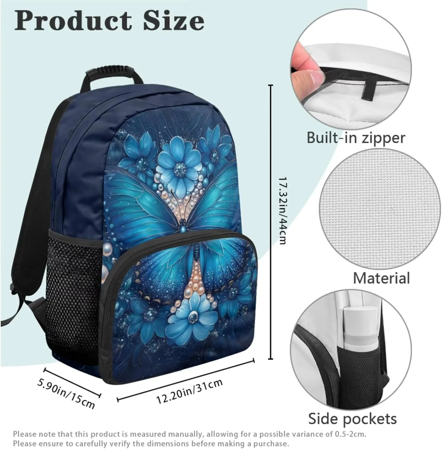 Blue Butterflyt Backpack Lunchbox Set for Girls Lightweight Set Preschool Bag for Ages 6-8 Leak Proof Lunch Box Lightweight 3 Pack