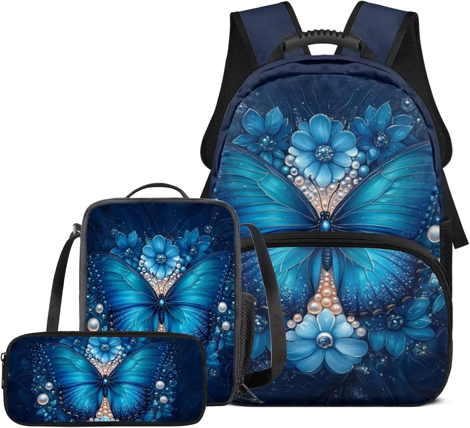 Blue Butterflyt Backpack Lunchbox Set for Girls Lightweight Set Preschool Bag for Ages 6-8 Leak Proof Lunch Box Lightweight 3 Pack