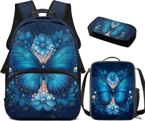 Blue Butterflyt Backpack Lunchbox Set for Girls Lightweight Set Preschool Bag for Ages 6-8 Leak Proof Lunch Box Lightweight 3 Pack