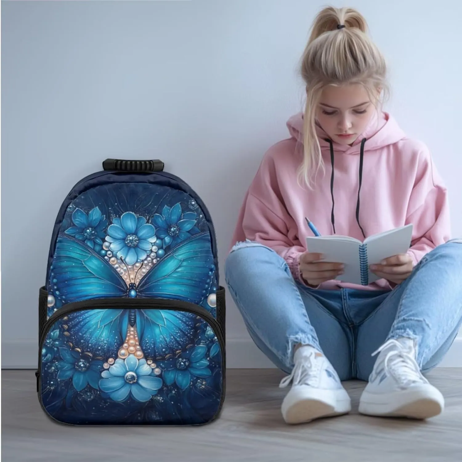 Blue Butterflyt Backpack Lunchbox Set for Girls Lightweight Set Preschool Bag for Ages 6-8 Leak Proof Lunch Box Lightweight 3 Pack