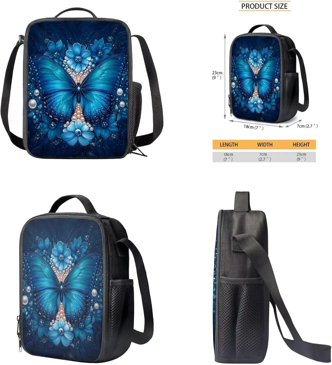Blue Butterflyt Backpack Lunchbox Set for Girls Lightweight Set Preschool Bag for Ages 6-8 Leak Proof Lunch Box Lightweight 3 Pack