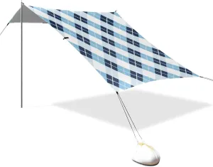 Blue White Plaid Designed UPF50 Foldable Beach Cabana Waterproof Large Sun Shelter with Sandbags and Shovel for Camping, Picnics, Backyard casitas de Playa para cubrir del sol