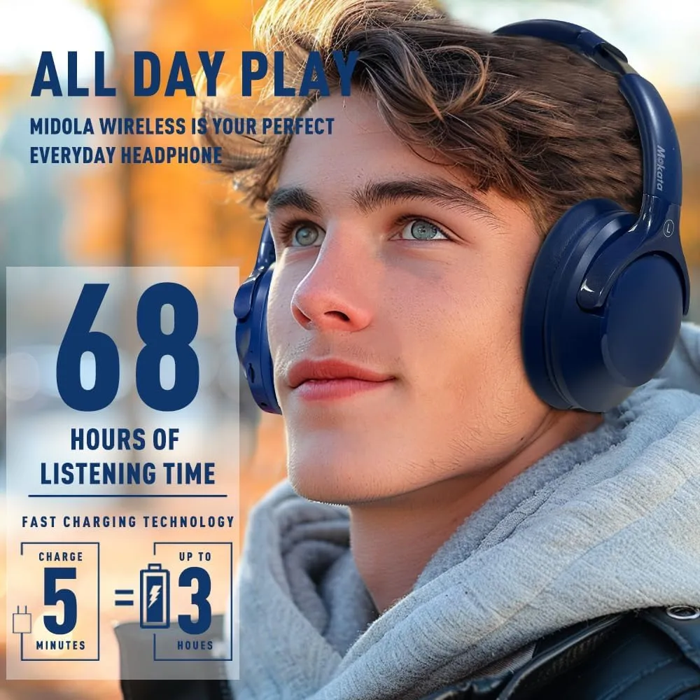 Bluetooth 5.3 Headphones Over Ear 68H Playtime 6 EQ Wireless Headset with Microphone HiFi Stereo Foldable Lightweight Deep Bass for Travel Home Office Cellphone Blue