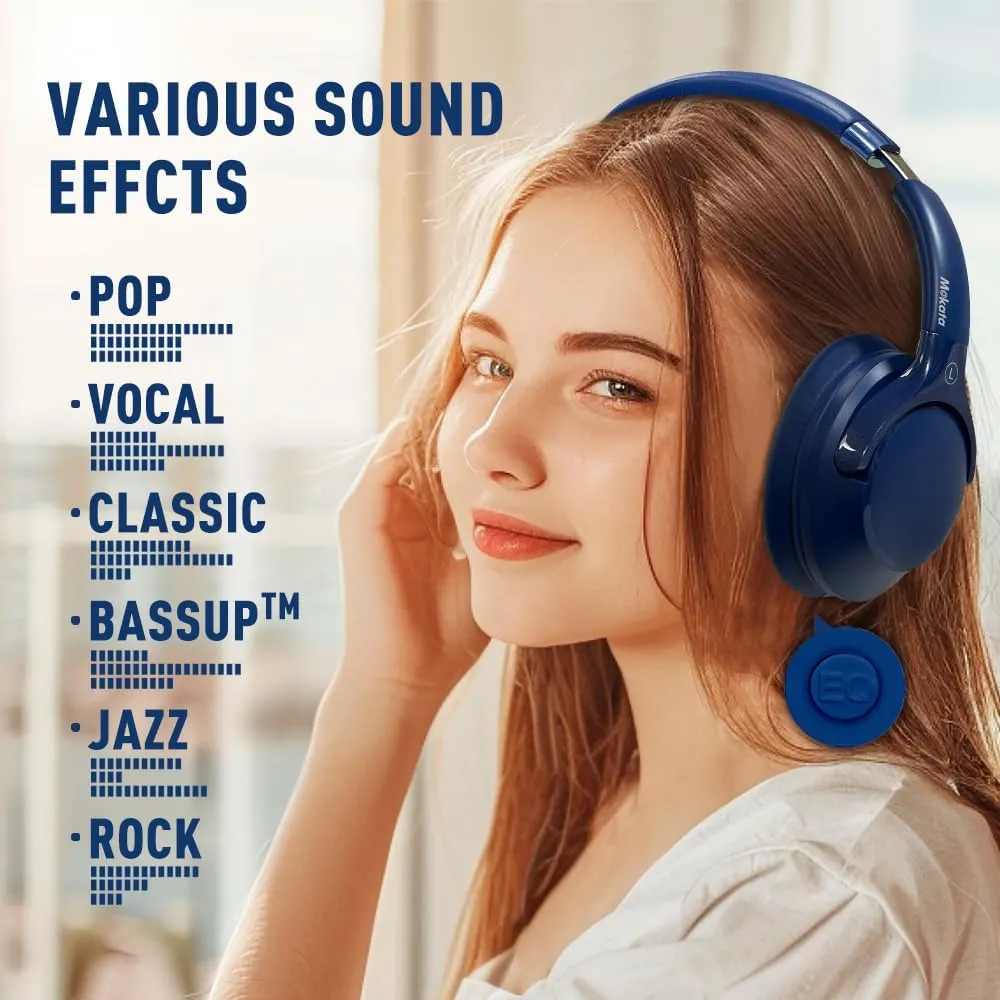 Bluetooth 5.3 Headphones Over Ear 68H Playtime 6 EQ Wireless Headset with Microphone HiFi Stereo Foldable Lightweight Deep Bass for Travel Home Office Cellphone Blue