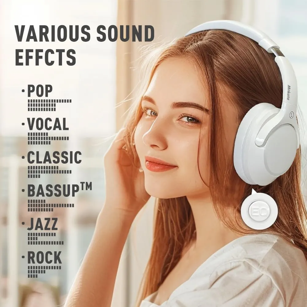 Bluetooth 5.3 Headphones Over Ear 68H Playtime 6 EQ Wireless Headset with Microphone HiFi Stereo Foldable Lightweight Deep Bass for Travel Home Office Cellphone White