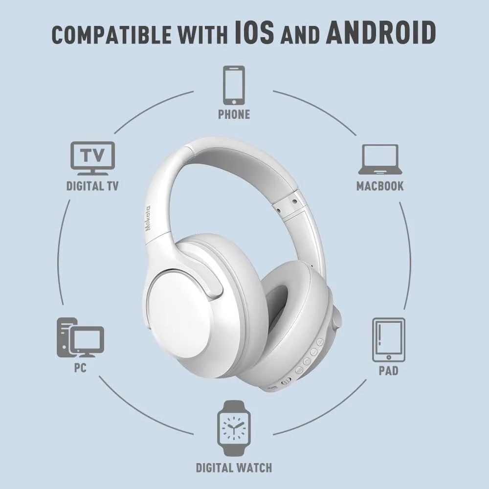 Bluetooth 5.3 Headphones Over Ear 68H Playtime 6 EQ Wireless Headset with Microphone HiFi Stereo Foldable Lightweight Deep Bass for Travel Home Office Cellphone White
