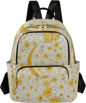 Boho Floral Crescent Yellow Campus Backpack Purse Bookbag Quilted Backpack for Women 13" Laptop Backpack Stylish Printed Rucksack with Multiple Pockets Lightweight Travel